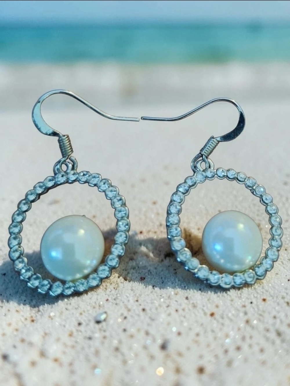 Pearl Center Crystal Halo Drop Earrings - White Pearl